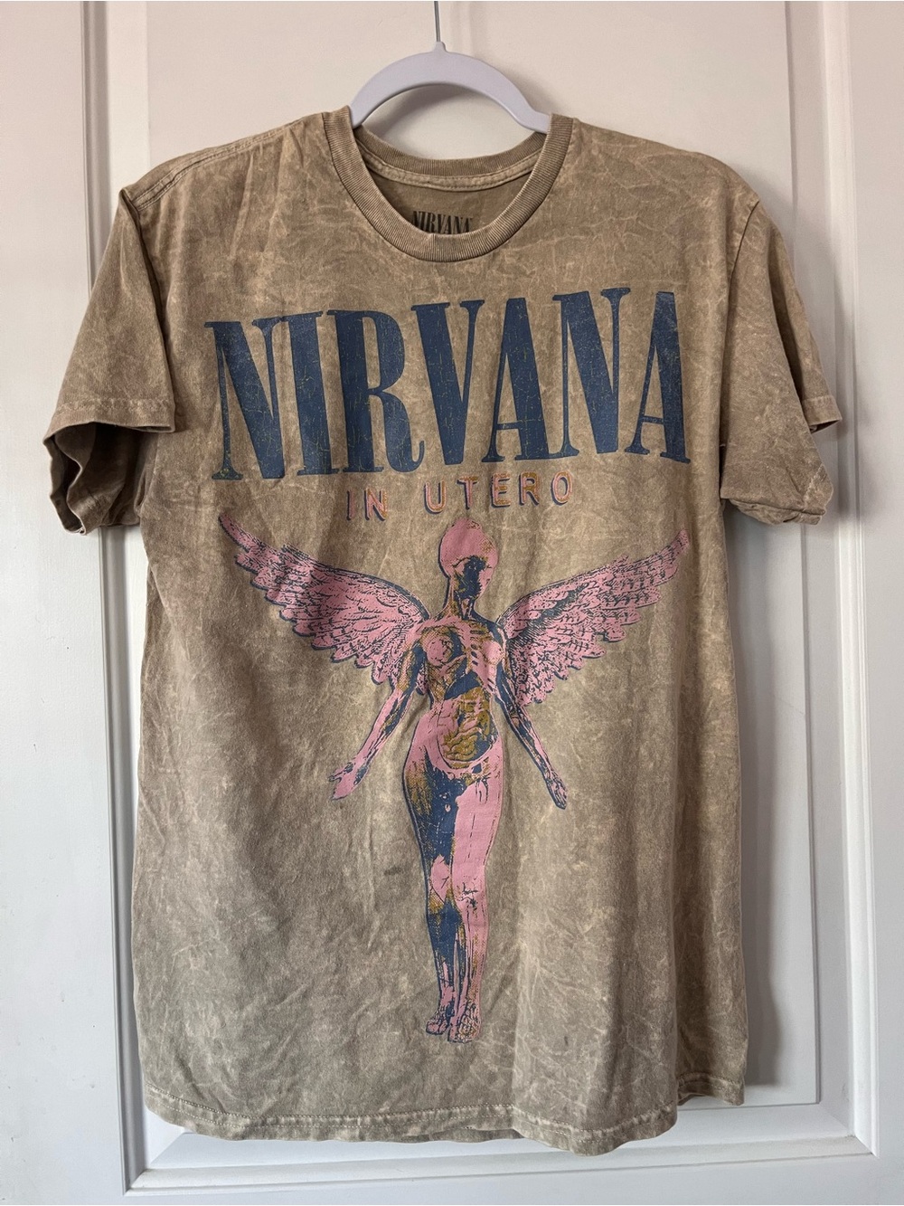 NIRVANA Beige 'In Utero' Short Sleeve Graphic Tee with Pink & Navy Print